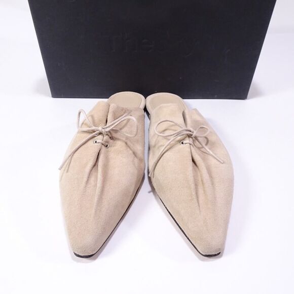 Theory Women's Pleated Mule Flats Sandals in Leather Ecru NIB 398 Sz 37 - Picture 1 of 12